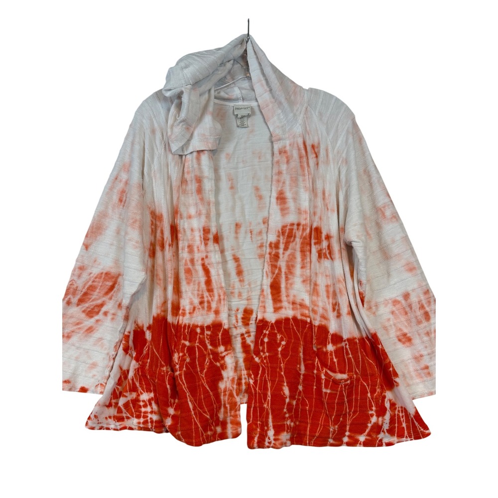 Zenergy by Chico's Orange White Tie Dye Hooded Open Front Cardigan Petite 3
